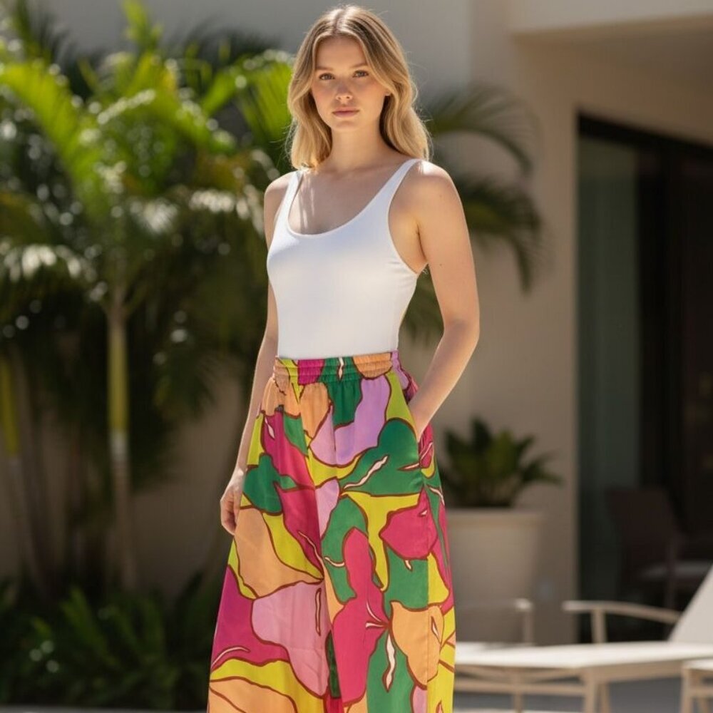 C&C California Colorful Wide-Leg Pants | Tassel Tie | Size XL - Picture 2 of 8